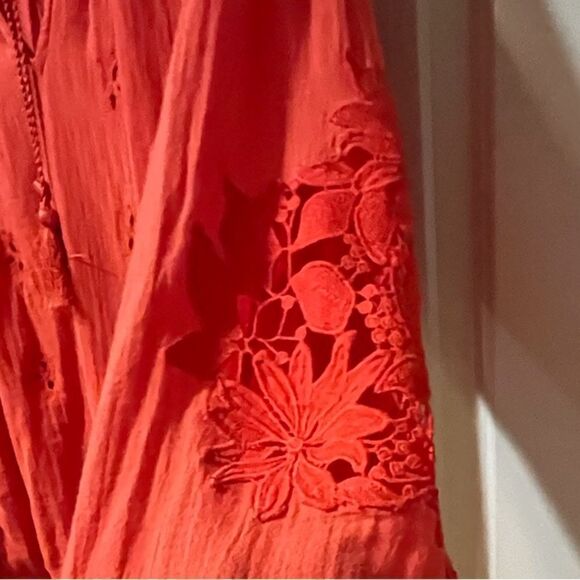 FREE PEOPLE Hooded Top Eyelet Embroidered Cotton Gauze Orange/Red Women’s Medium - Picture 6 of 9